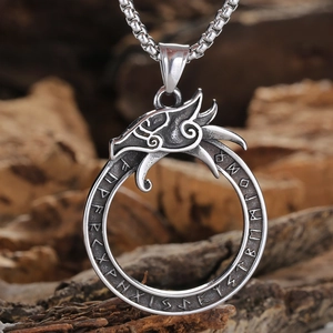 Retro Viking dragon pendant with carved Elder Futhark runes on a steel box chain