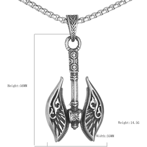 Nordic Viking double axe pendant necklace with dimensions 56mm by 35mm on white background