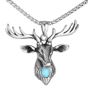 Vintage Stainless Steel Stag Deer Head Pendant Necklace For Men Blue Synthetic Turquoise Inlaid Punk Hip Hop Jewelry Gift