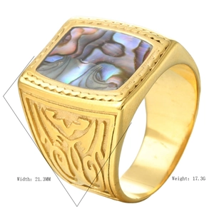 Retro square signet ring with colorful abalone shell inlay and gold engraved details