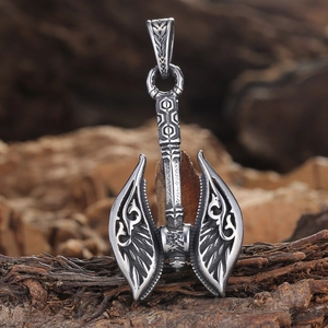 Nordic viking battle axe pendant in vintage silver finish with wing texture carving
