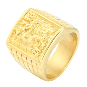 Bague Chevalière Dragon Dominante pour Homme Couleur Or Carrée Métal Relief Bague Large Style Western Vintage Bijoux de Mode Cadeau
