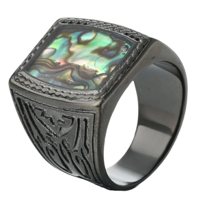 Retro gunmetal square ring featuring iridescent abalone shell and tribal engravings
