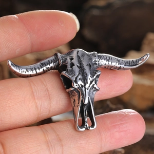 Vintage bison skull pendant in punk style made of oxidized silver stainless steel