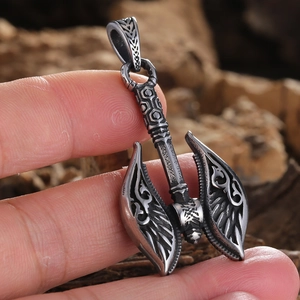 Nordic double-headed axe pendant necklace with intricate carvings and retro finish