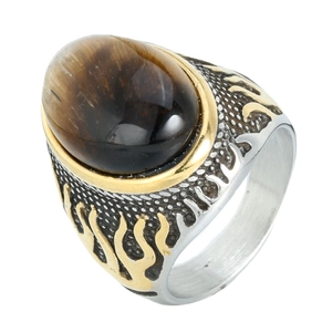 Retro punk men's ring featuring brown tiger eye stone and golden flame engraving