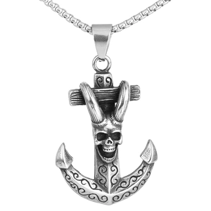 Vintage stainless steel gothic anchor pendant necklace with skull design for men