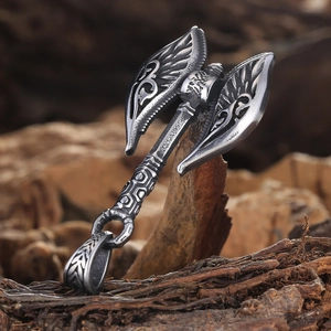 Nordic double-headed axe pendant necklace in vintage silver finish on natural wood