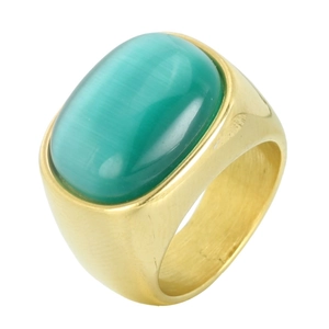 Bague vintage en acier inoxydable avec une grande pierre œil de chat verte ovale