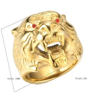 Punk Personalized Gold Tiger Head Men's 316L Stainless Steel Ring With Red Rhinestone Eyes Vintage Animal Biker Jewelry