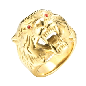 Men's punk style golden tiger head ring with realistic details and red gemstone eyes
