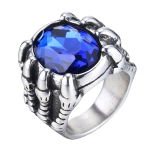 Vintage Drachenkrallen Ring aus Titanstahl mit einem ovalen facettierten blauen Edelstein