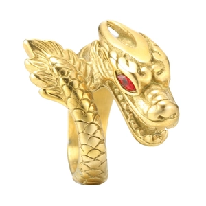 Retro punk titanium steel dragon ring with gold finish and red gemstone eyes for men
