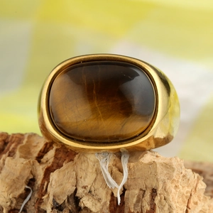 Bague vintage homme en titane doré avec un grand oeil de tigre ovale sur liège