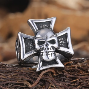 Vintage punk skull ring with iron cross design in oxidized stainless steel