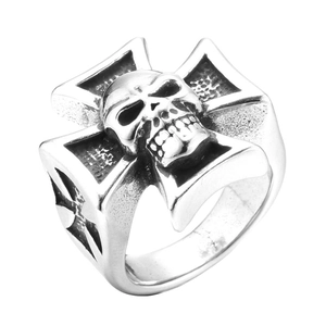 Gothic punk skull and cross ring in heavy stainless steel for men's vintage style