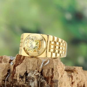 Classic gold titanium steel men's ring with yellow gemstone and watchband texture