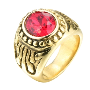 Vintage punk stainless steel ring with large faceted red gemstone in golden finish