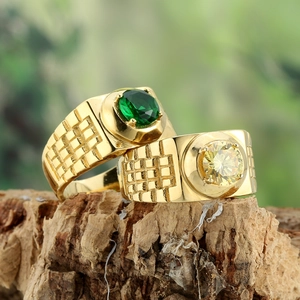 Classic titanium steel couple rings with checkerboard pattern and emerald-style round stones
