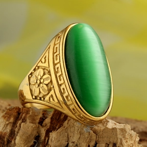 Vintage gold titanium steel ring with oval green cat eye stone and floral engraving