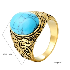 Anello Vintage in Acciaio al Titanio per Uomo Donna Fascia Incisa Oro Con Intarsio in Pietra Artificiale Ovale Gioielli Etnici Bohemiene