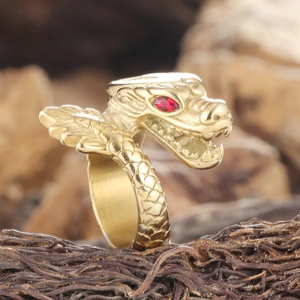 Vintage titanium steel dragon head ring with red rhinestone eyes and engraved scales