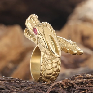 Vintage punk dragon ring in gold finish with dragon eye red gemstone and scale texture