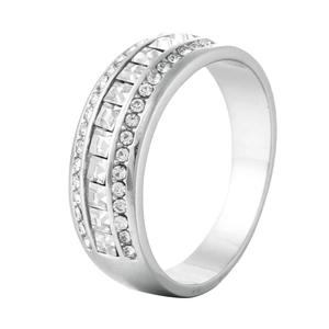 Bague en Acier Titane Pavé de Strass pour Hommes Femmes Géométrique Double Couche Incrustée Bijoux Cadeau