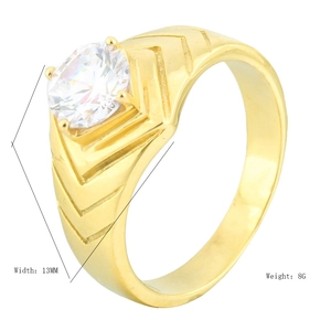 Classic gold titanium steel ring for men with V-shaped texture and center zircon stone