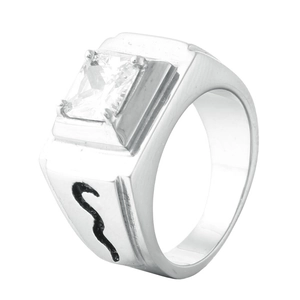 Macro detail of men's vintage ring featuring square zircon and black snake pattern