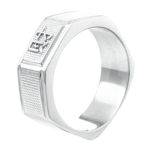 Polished silver metal signet ring with Greek letters and textured geometric sides