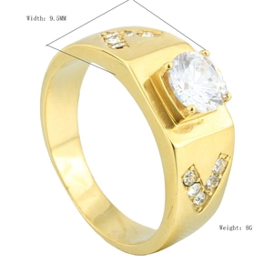 Bague homme en or avec cristal rond et détails latéraux en V, largeur 9,5 mm