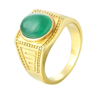 Vintage Titanium Steel Ring For Men Women Gold Plated Oval Cat Eye Stone Abalone Shell Inlay Great Wall Pattern Fashion Jewelry Finger Ring