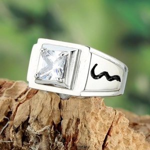 Macro view of silver ring featuring square zircon and black snake pattern on bark