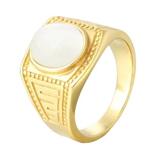 Golden titanium steel ring with white oval gemstone and geometric Greek key pattern