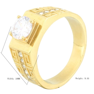 Classic 10mm gold titanium ring with center zircon and Greek key pattern for men