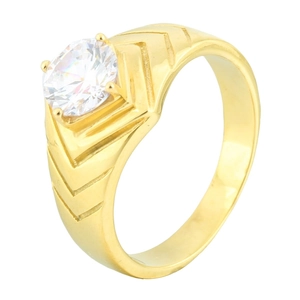 Classic gold titanium steel ring with round zircon and V-shaped textured band