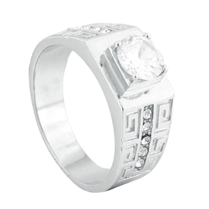 Stainless Steel Greek Key Pattern Ring For Men Women Large Round Rhinestone Inlaid Wedding Engagement Fashion Band Ring