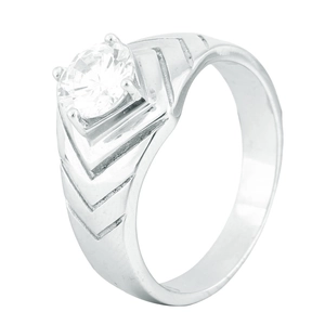 Classic silver titanium steel ring with V-shaped texture and round cubic zirconia