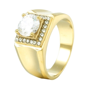 Bague de Luxe en Acier Inoxydable pour Hommes Avec Grand Strass Rond Halo Carré Bande Large Or Argent Bijoux