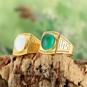 Macro view of gold titanium rings with Greek key patterns and oval gemstones on bark