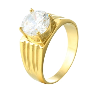 Chic gold wavy textured titanium steel ring featuring a sparkling round zircon stone