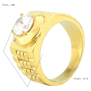 Classic 11mm wide gold-tone titanium ring with round zircon and metal strap texture