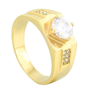 Fashionable gold-plated men's ring with a large round central stone and pave side accents