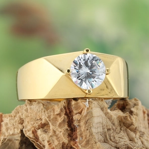 Men's wide titanium steel ring with geometric facets and large round cubic zirconia