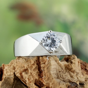 Men's titanium steel geometric ring featuring a large round diamond-cut sparkling stone