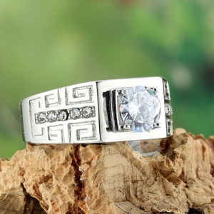 Classic silver titanium ring for men with Greek meander patterns and round clear stone