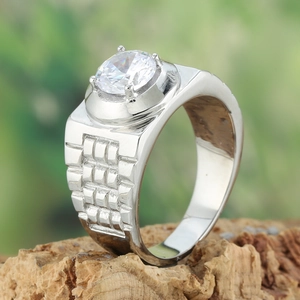 Titanium steel ring with large cubic zirconia and textured band on bark