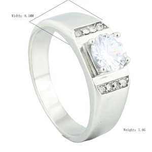 Silver titanium steel ring with round zircon inlay and 8.5mm wide polished band