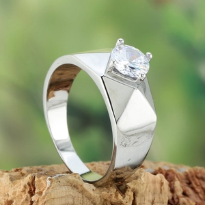 Men's titanium steel ring with geometric facets and large round-cut zircon on wood